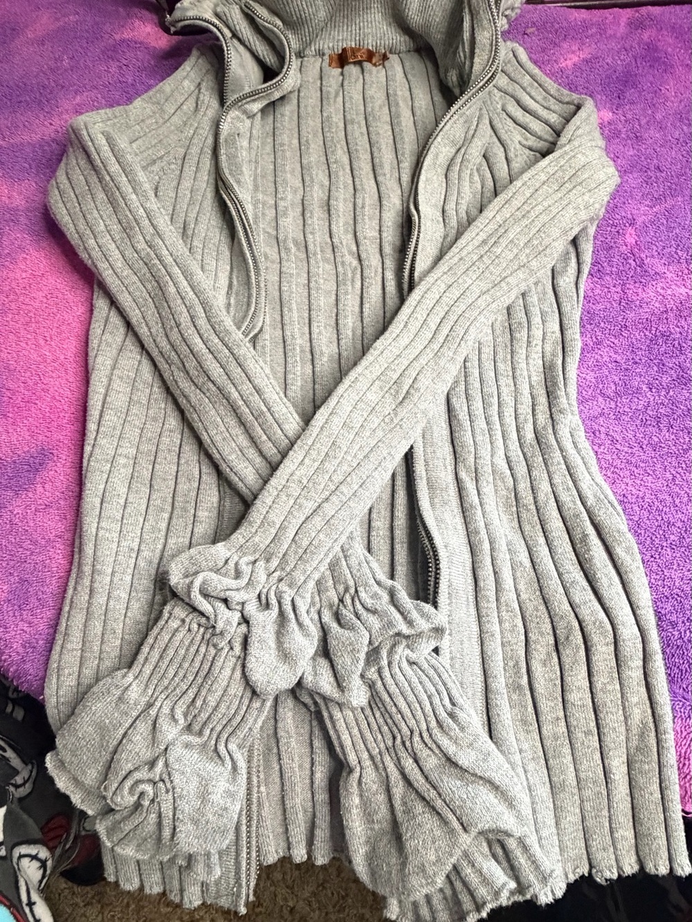 Belldini Gray Ribbed Hooded Zip Cardigan with Ruffle Cuffs